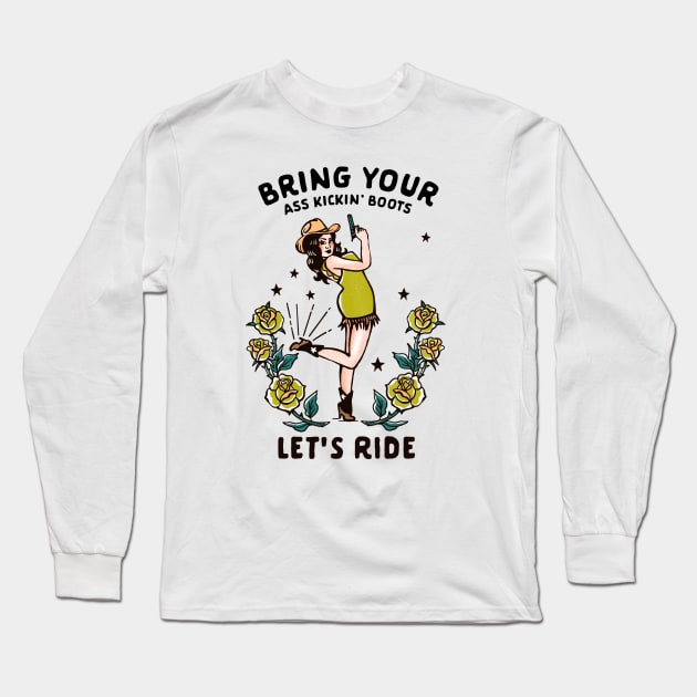 Let's Ride: Retro Western Cowgirl Country Rodeo Pinup Long Sleeve T-Shirt by The Whiskey Ginger